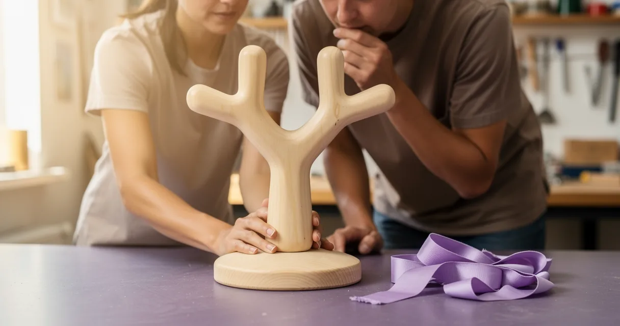 Two adults examining an oversized wooden antibody teaching model in a bright workshop