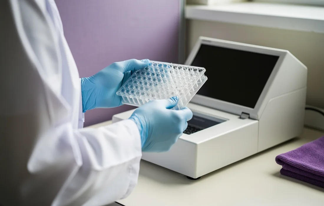 A gloved technician inspecting a translucent microplate beside a laboratory plate reader
