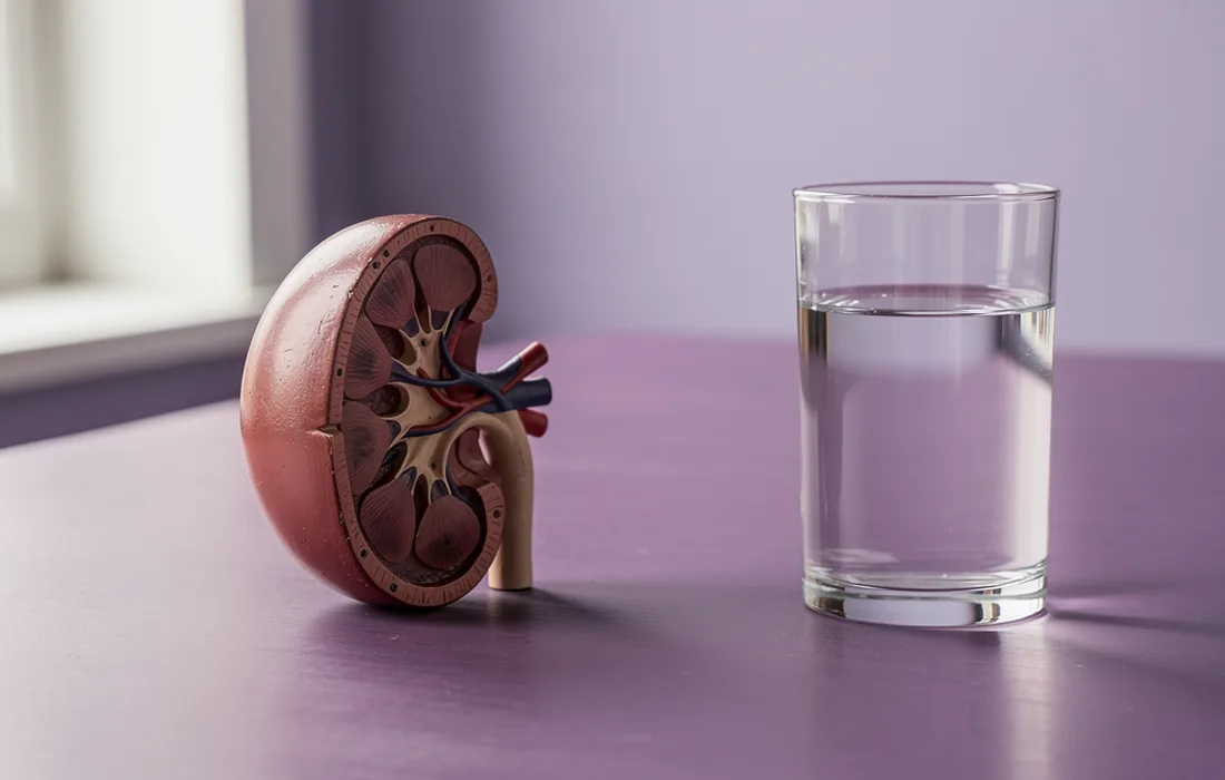 A cutaway kidney teaching model on a violet table beside a clear glass of water