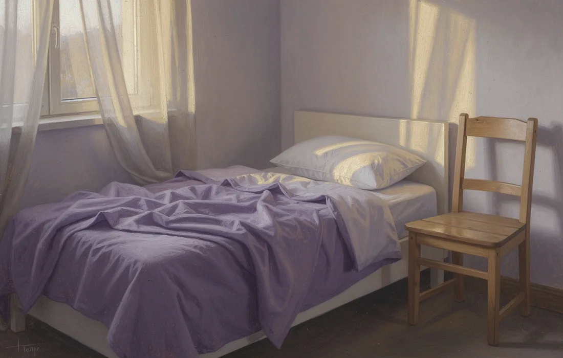Morning light on an unoccupied bed with a lavender coverlet and an open curtain
